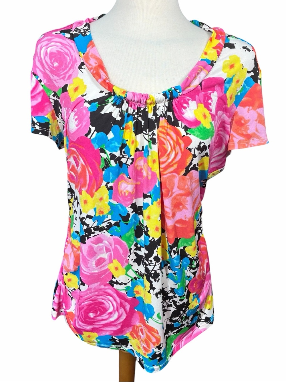 New York & Company Stretch Floral Printed Scoop Neck Short Sleeve Shirt Size XL